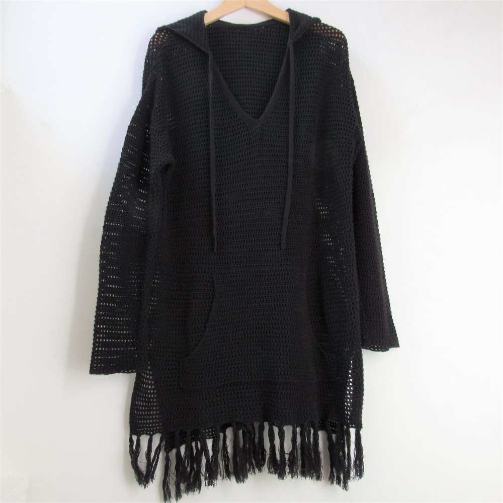 Hooded Crochet Knit Tunic With Fringe XXL 1X